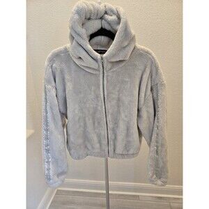 ​Almost Famous L Fuzzy Cropped Hood Jacket L Y2K Rhinestone Bling Sherpa Zip-Up